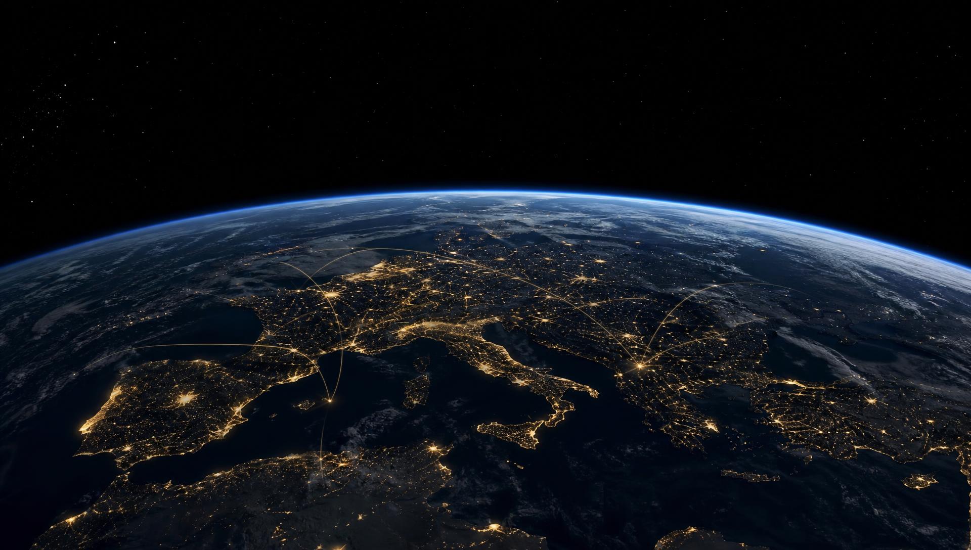 Earth seen from space at night, city lights across the continents with faint golden connection arcs between regions